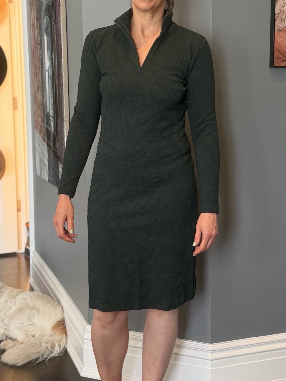 Long-Sleeve Textured Zip-Front Dark Green Dress